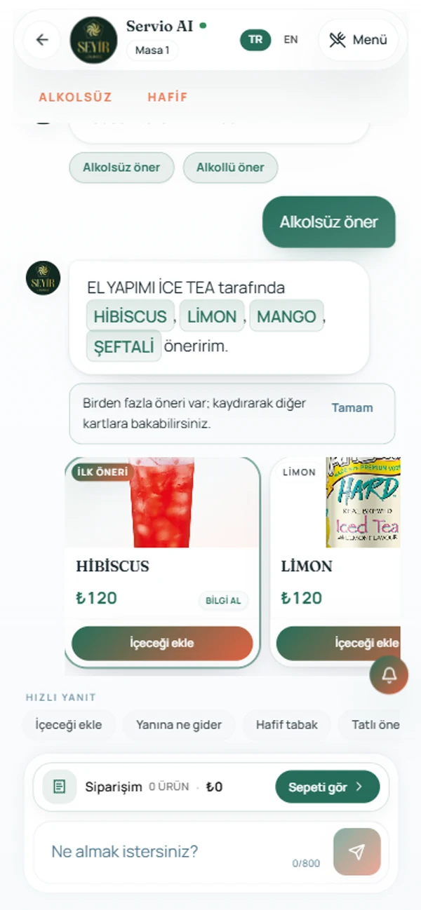 ServioAI yapay zeka menü asistanı — gerçek uygulama görüntüsü