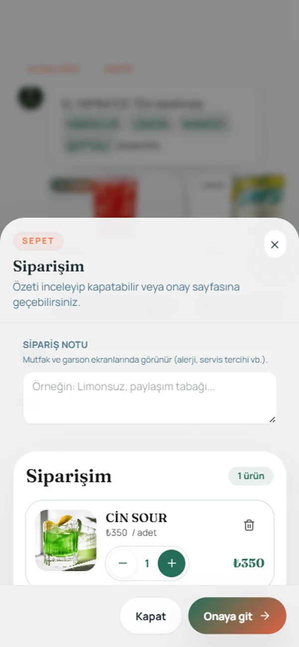 ServioAI sipariş ve sepet ekranı — gerçek uygulama görüntüsü