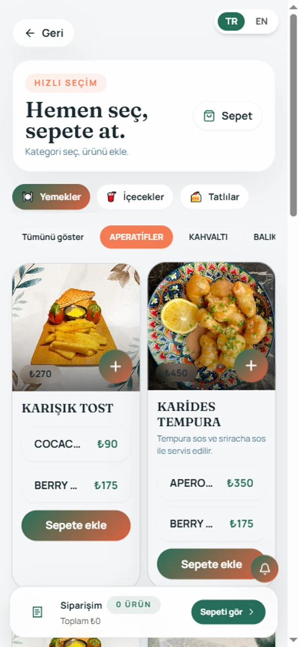 ServioAI dijital menü ekranı — gerçek uygulama görüntüsü